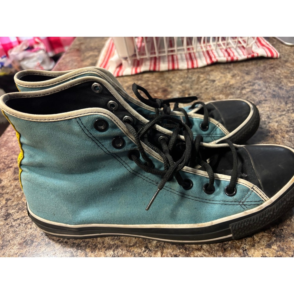 Converse High Tops Blue/Teal Sneakers with Black Accents/ yellow stripe. GC